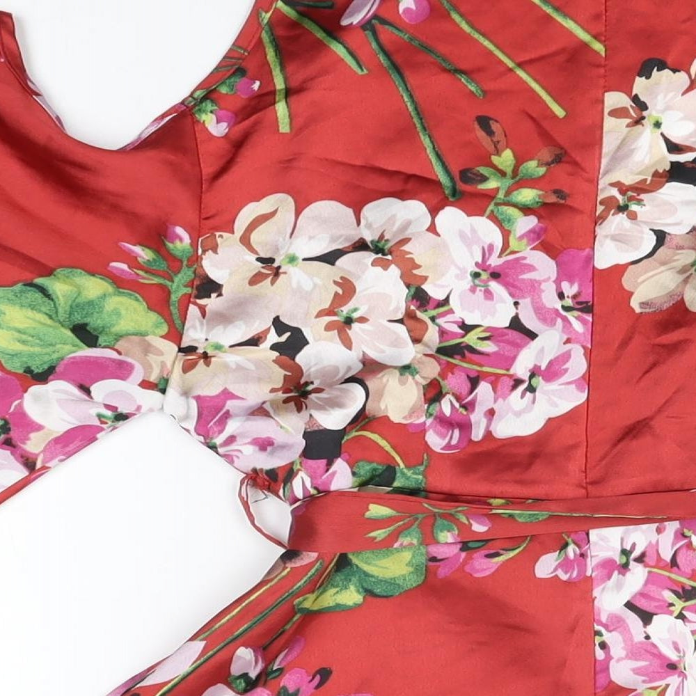 Missguided Womens Red Floral Polyester Mini Size 8 V-Neck Zip
