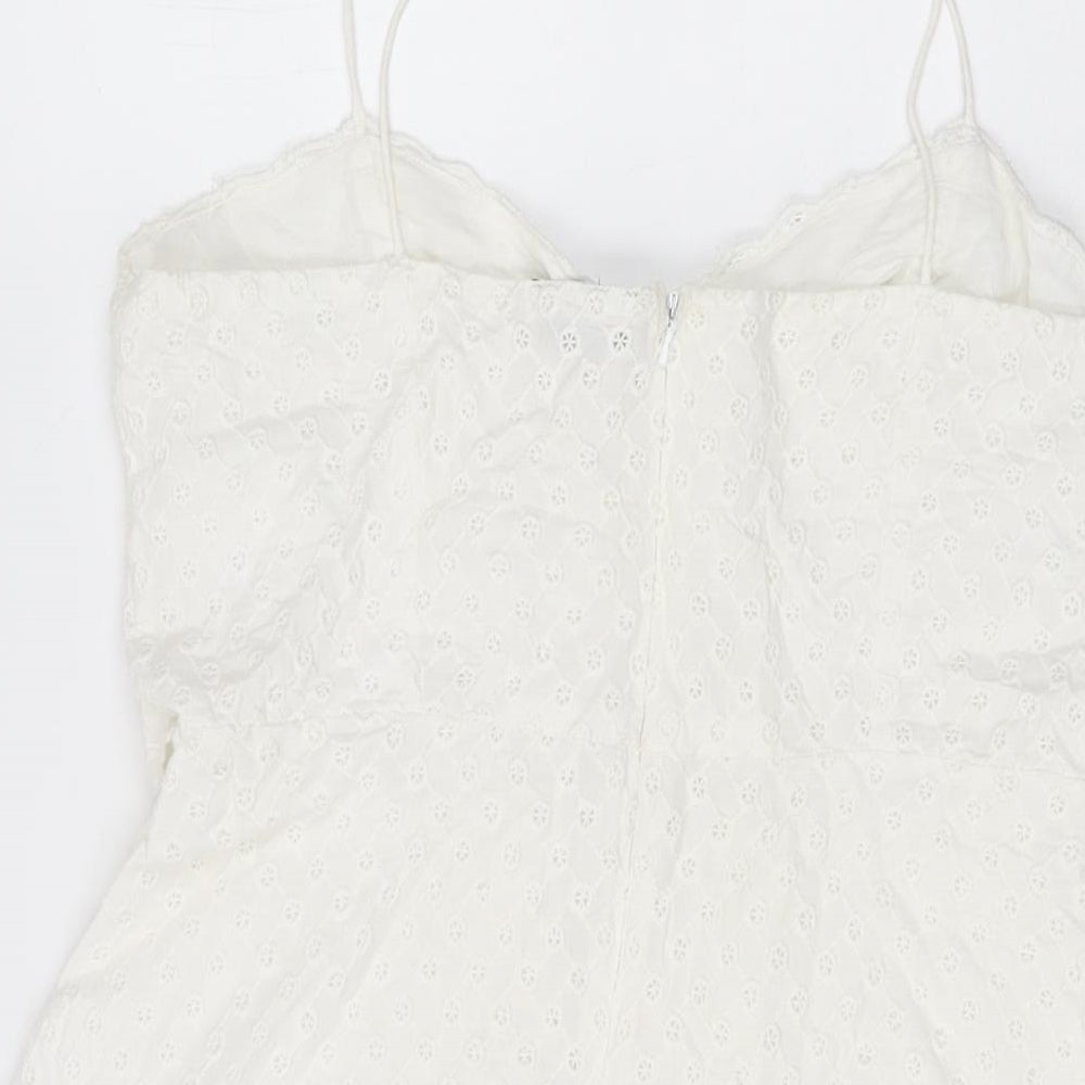 Topshop Womens White Geometric Cotton Skater Dress Size 12 V-Neck Zip