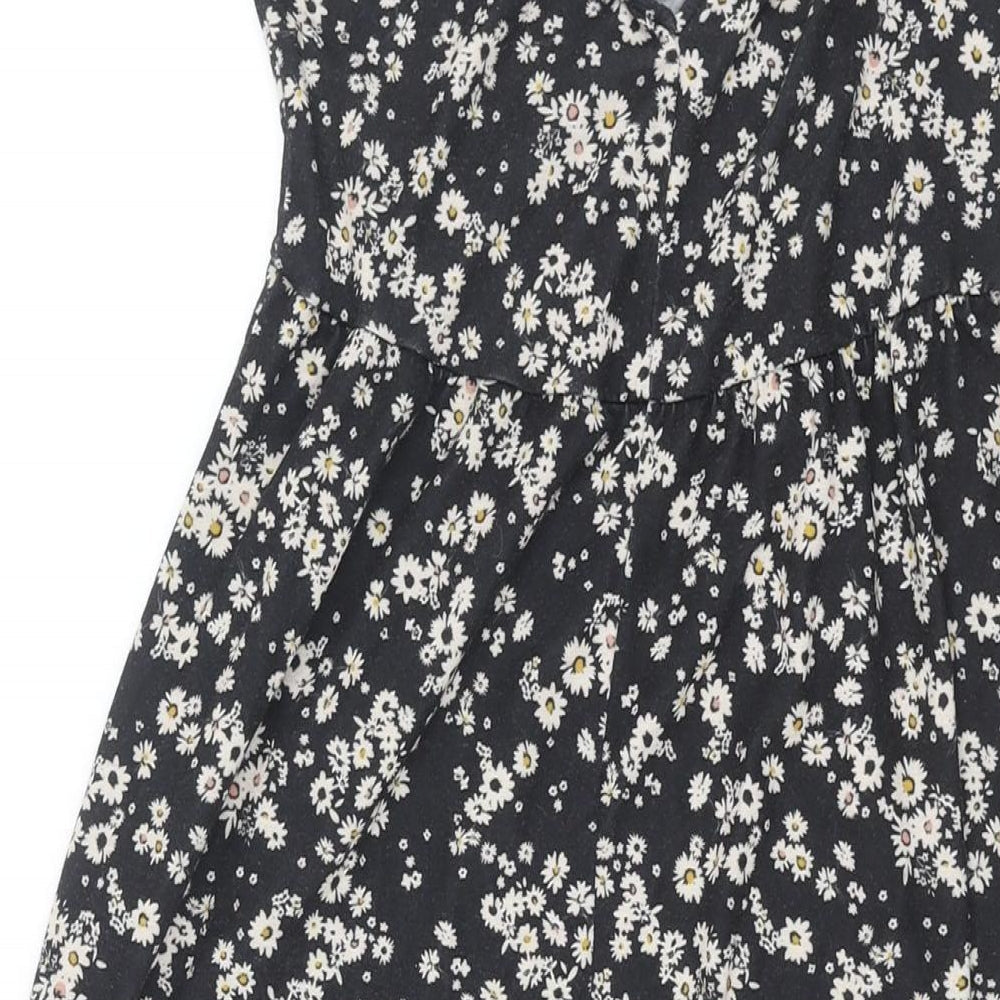 Topshop Womens Black Floral Polyester Shift Size 10 V-Neck Tie - Front Slit