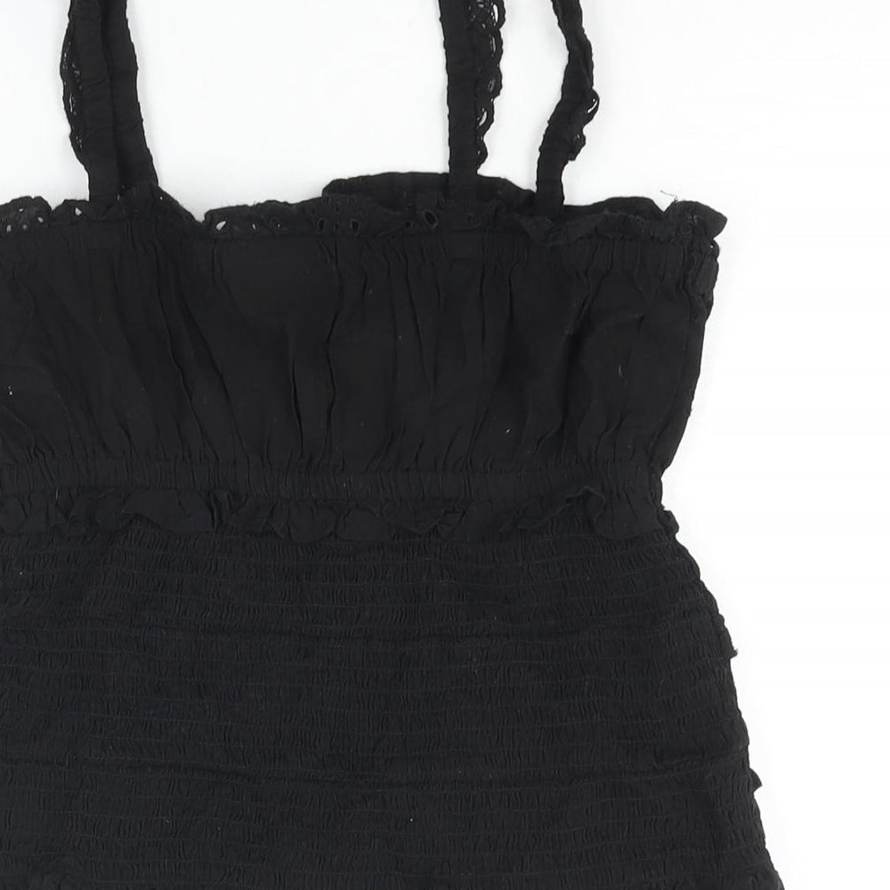 Topshop Womens Black Cotton Camisole Blouse Size 10 Square Neck - Rouched Frill