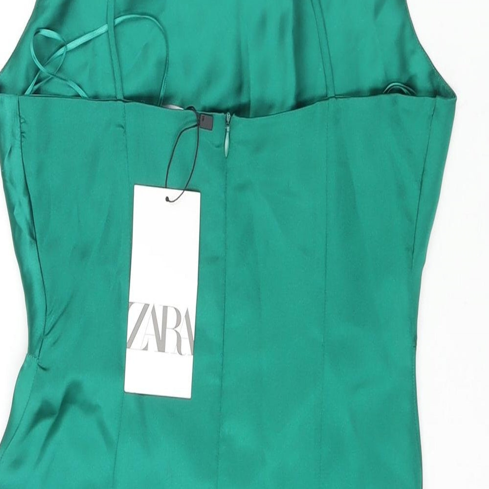 Zara Womens Green Polyester Mini Size XS Square Neck Zip - Draped Detail