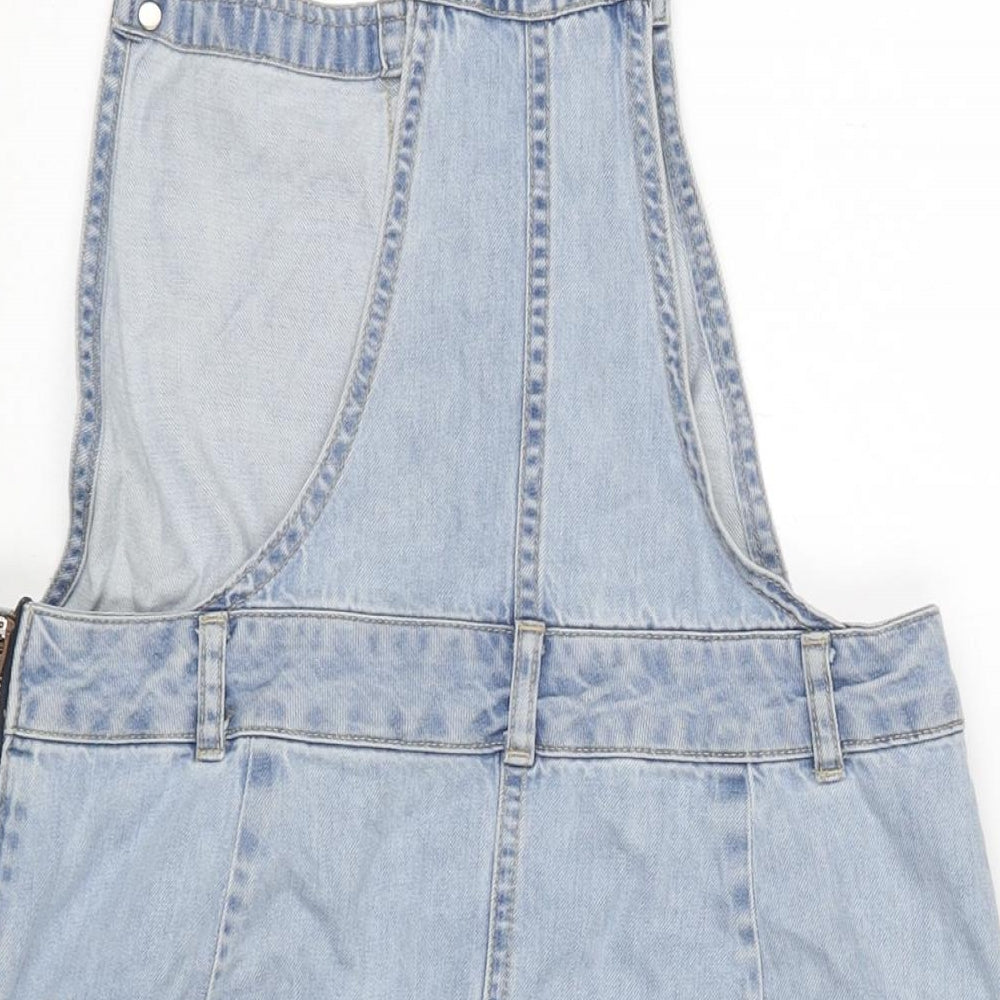 New Look Womens Blue Cotton Pinafore/Dungaree Dress Size 12 Scoop Neck Snap