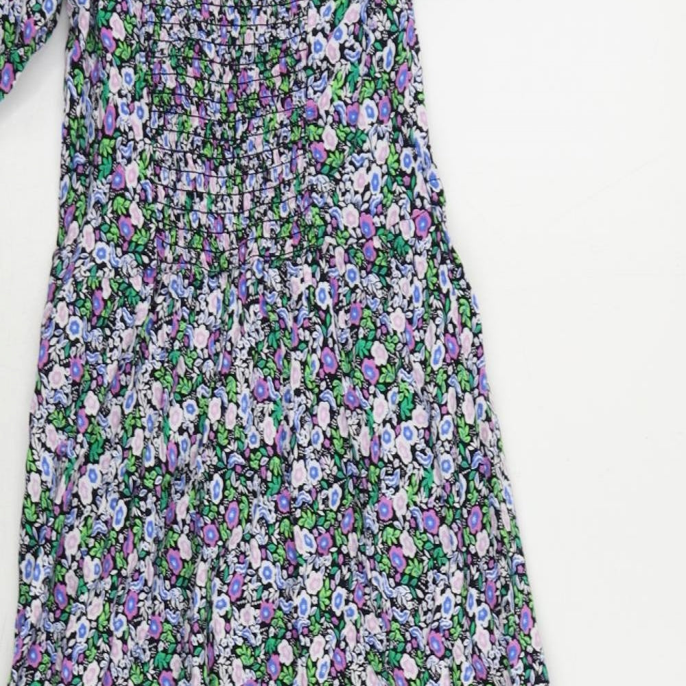 Marks & Spencer Womens Multicoloured Floral Cotton A-Line Size 8 Square Neck Pullover - Puff Sleeve