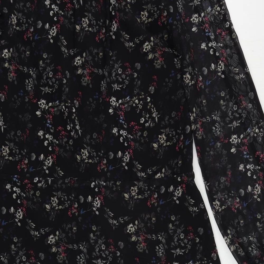 Label Lab Womens Black Floral Polyester A-Line Size 6 V-Neck Button - Lace Detail