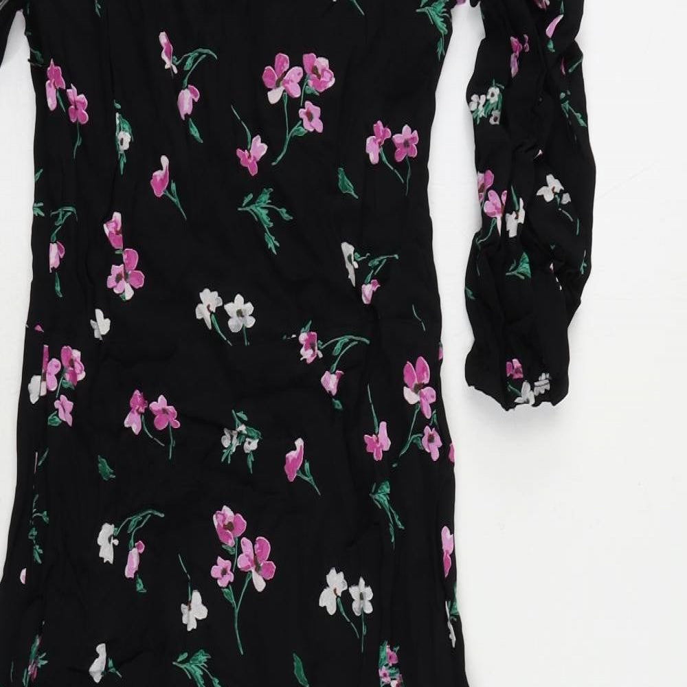 Marks & Spencer Womens Black Floral Viscose A-Line Size 8 Round Neck Button