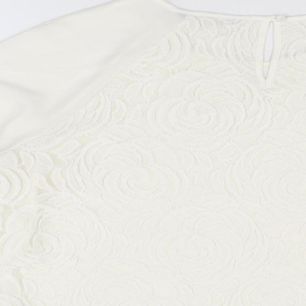 Marks & Spencer Womens White Floral Polyester Basic Blouse Size 16 Round Neck