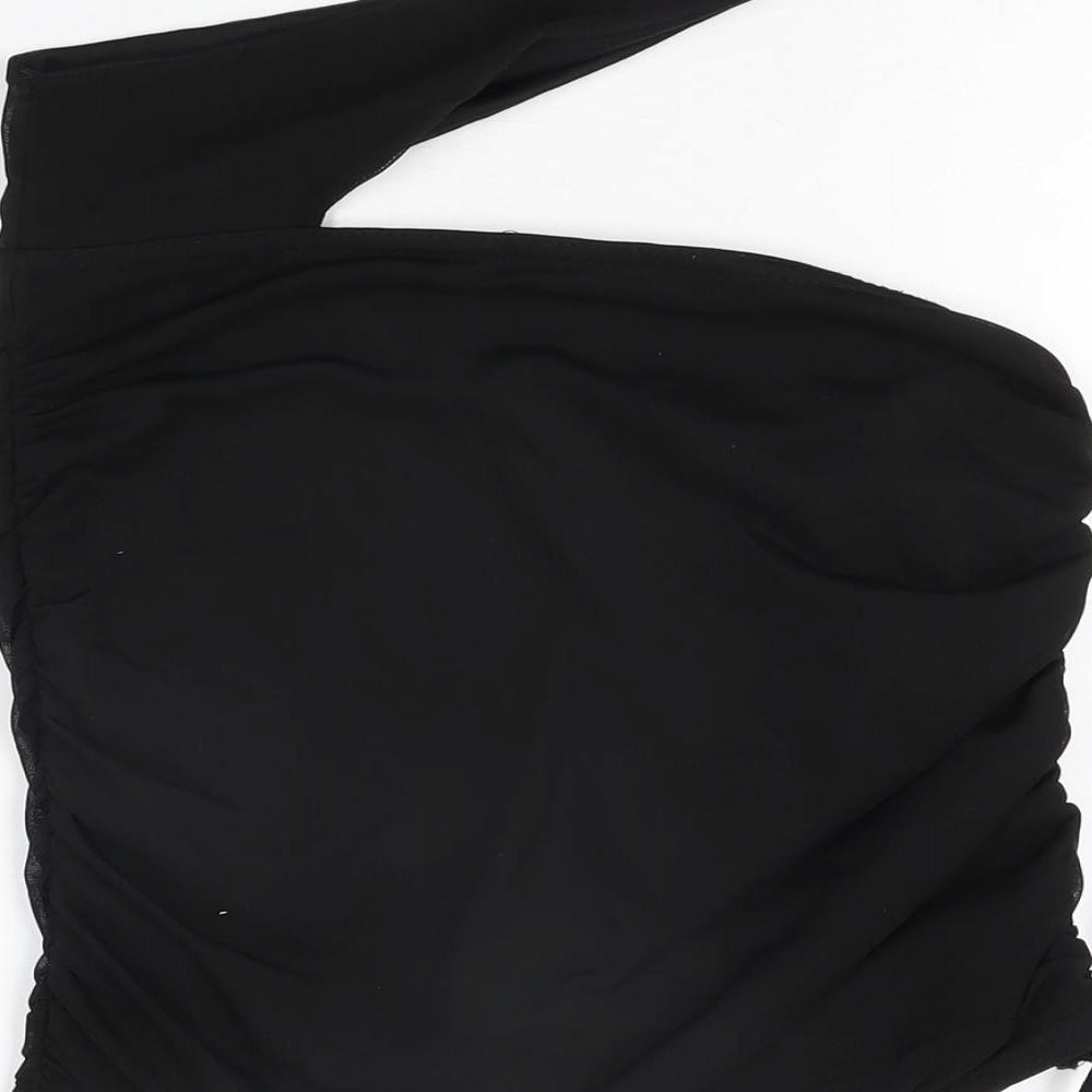 PRETTYLITTLETHING Womens Black Polyester Basic T-Shirt Size 8 One Shoulder