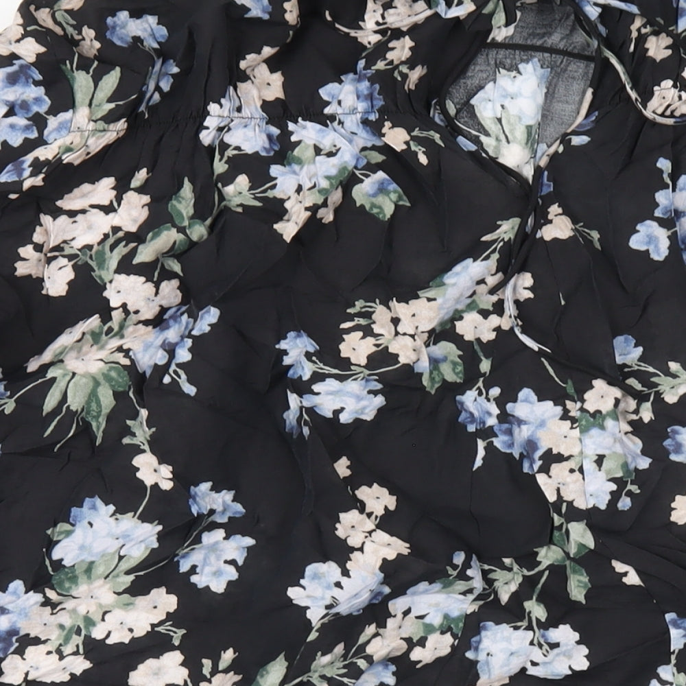 H&M Womens Black Floral Viscose Trapeze & Swing Size L Mock Neck Tie