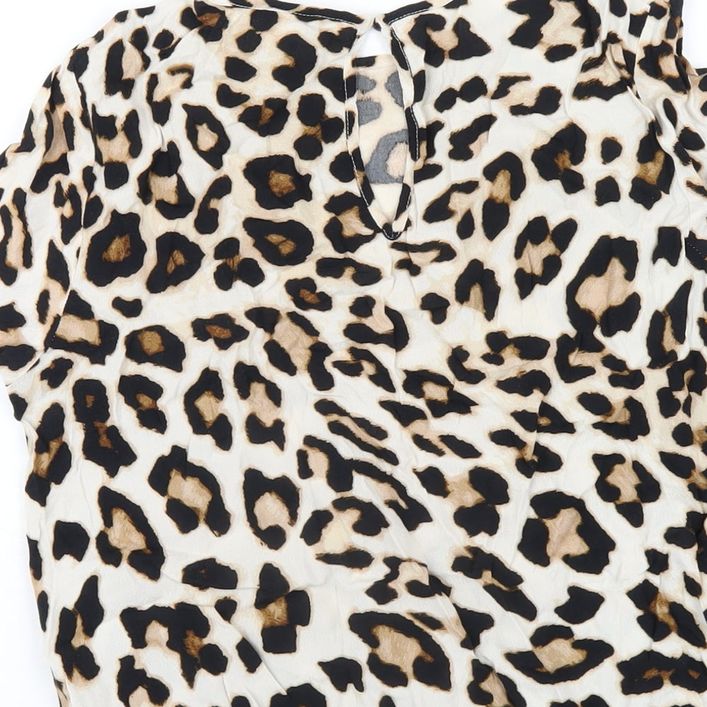 H&M Womens Brown Animal Print Viscose Basic T-Shirt Size 10 Round Neck - Leopard Print