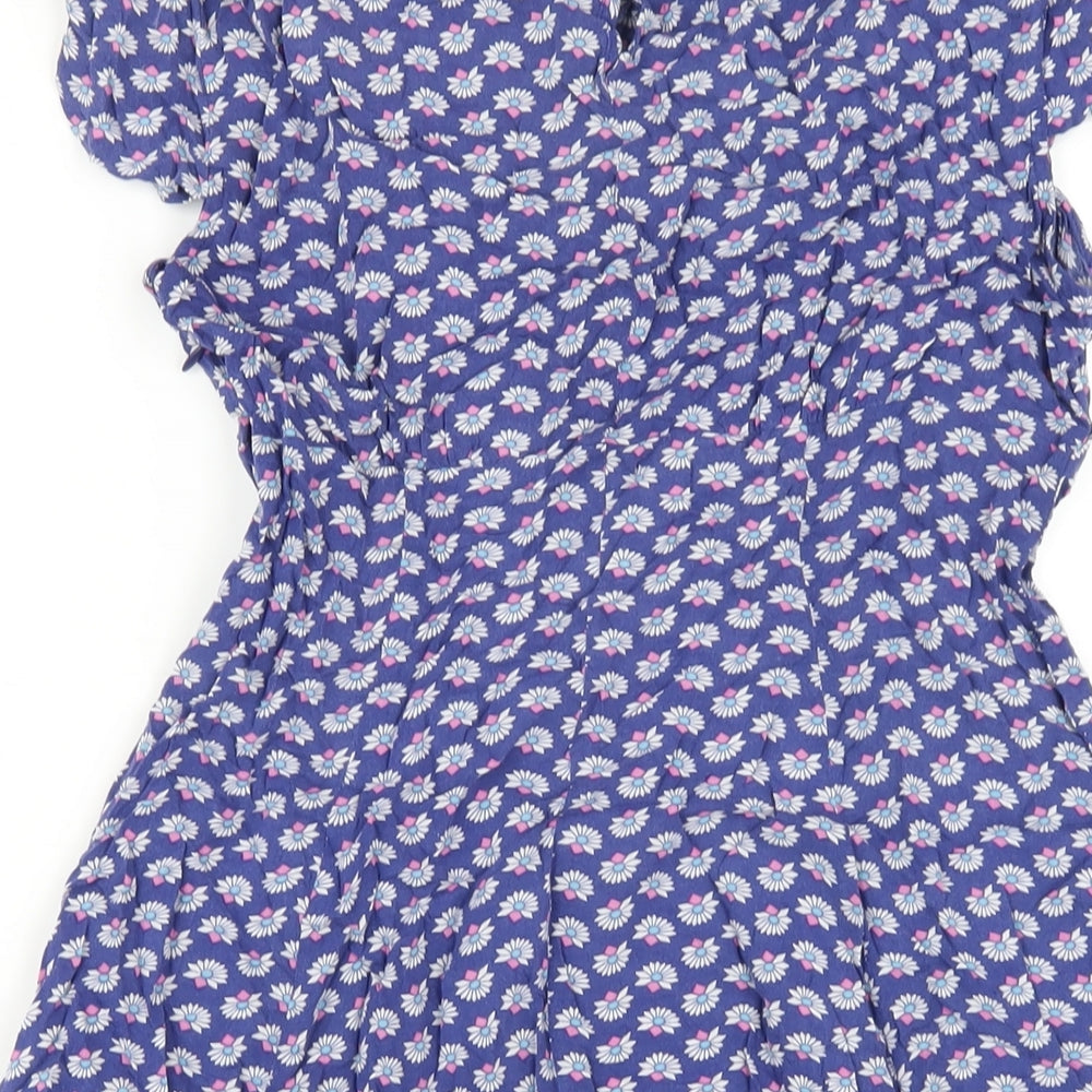 Warehouse Womens Blue Floral Viscose A-Line Size 14 Round Neck Zip