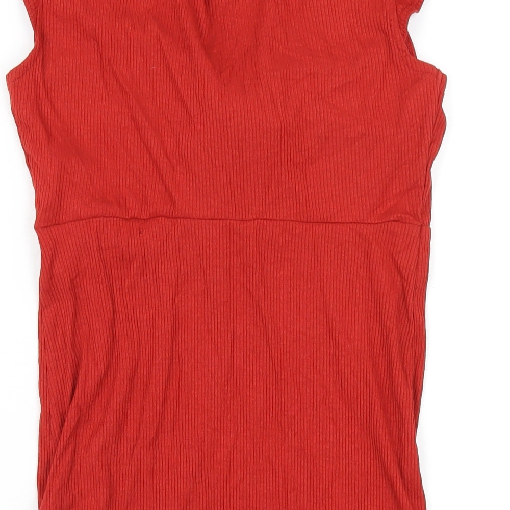Brand and care label for Miss Selfridge women’s red viscose bodycon, size UK 10, v-neck pullover
