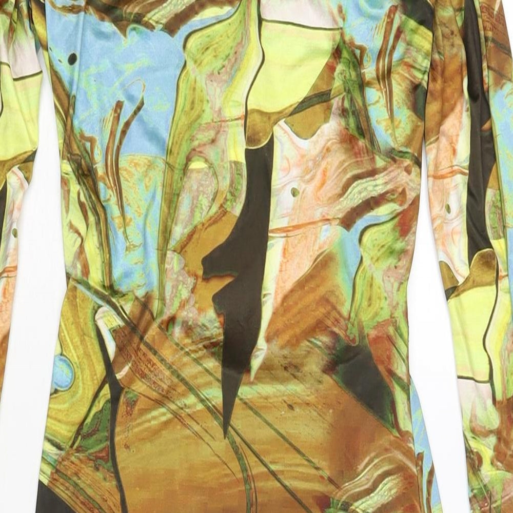 PRETTYLITTLETHING Womens Multicoloured Geometric Polyester Bodycon Size 10 Collared Button - Cut Out Detail Marble Print