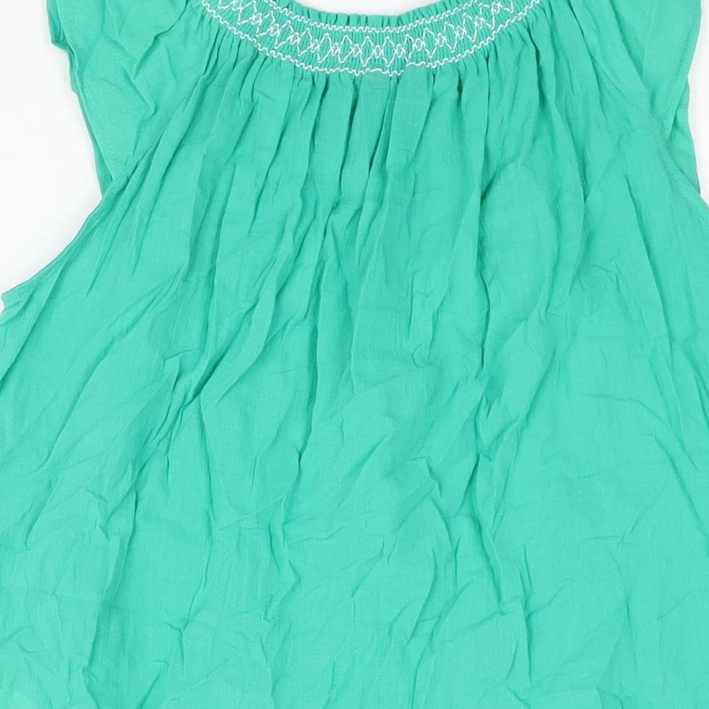 Marks & Spencer Womens Green Cotton Basic Blouse Size 6 Round Neck - Rouched Embroidered Neckline