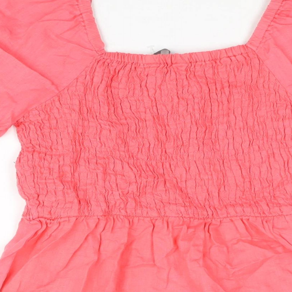 Marks & Spencer Womens Pink Linen Basic Blouse Size 6 Scoop Neck - Rouched Peplum