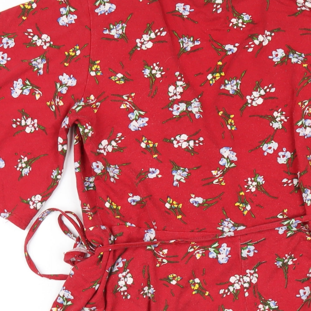 Lipsy Womens Red Floral Viscose Wrap Dress Size 12 V-Neck Tie