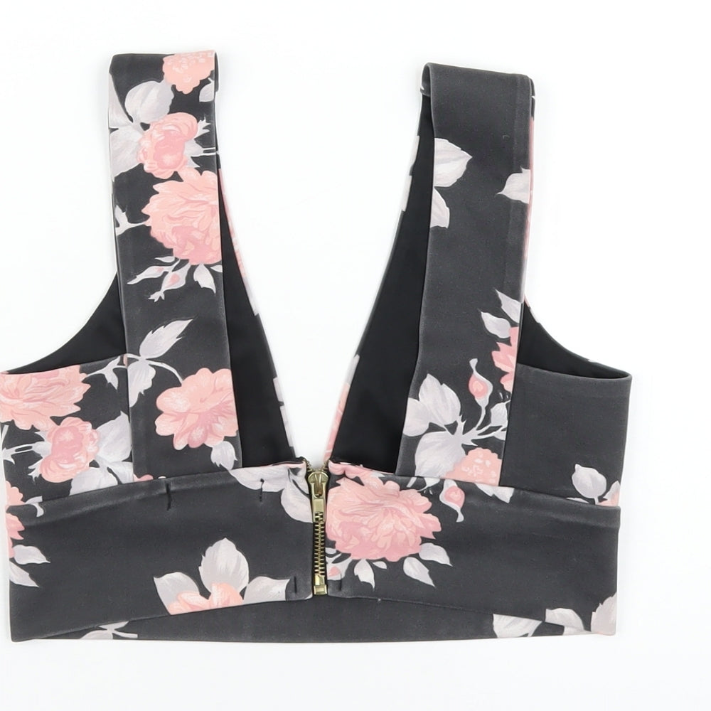 Missguided Womens Grey Floral Polyester Cropped T-Shirt Size 10 V-Neck