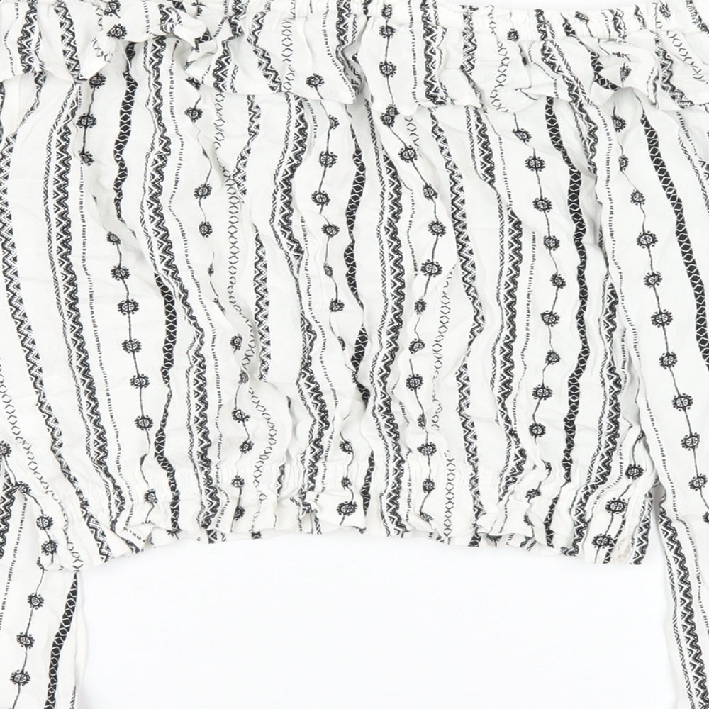 H&M Womens White Geometric Viscose Basic T-Shirt Size 4 Off the Shoulder