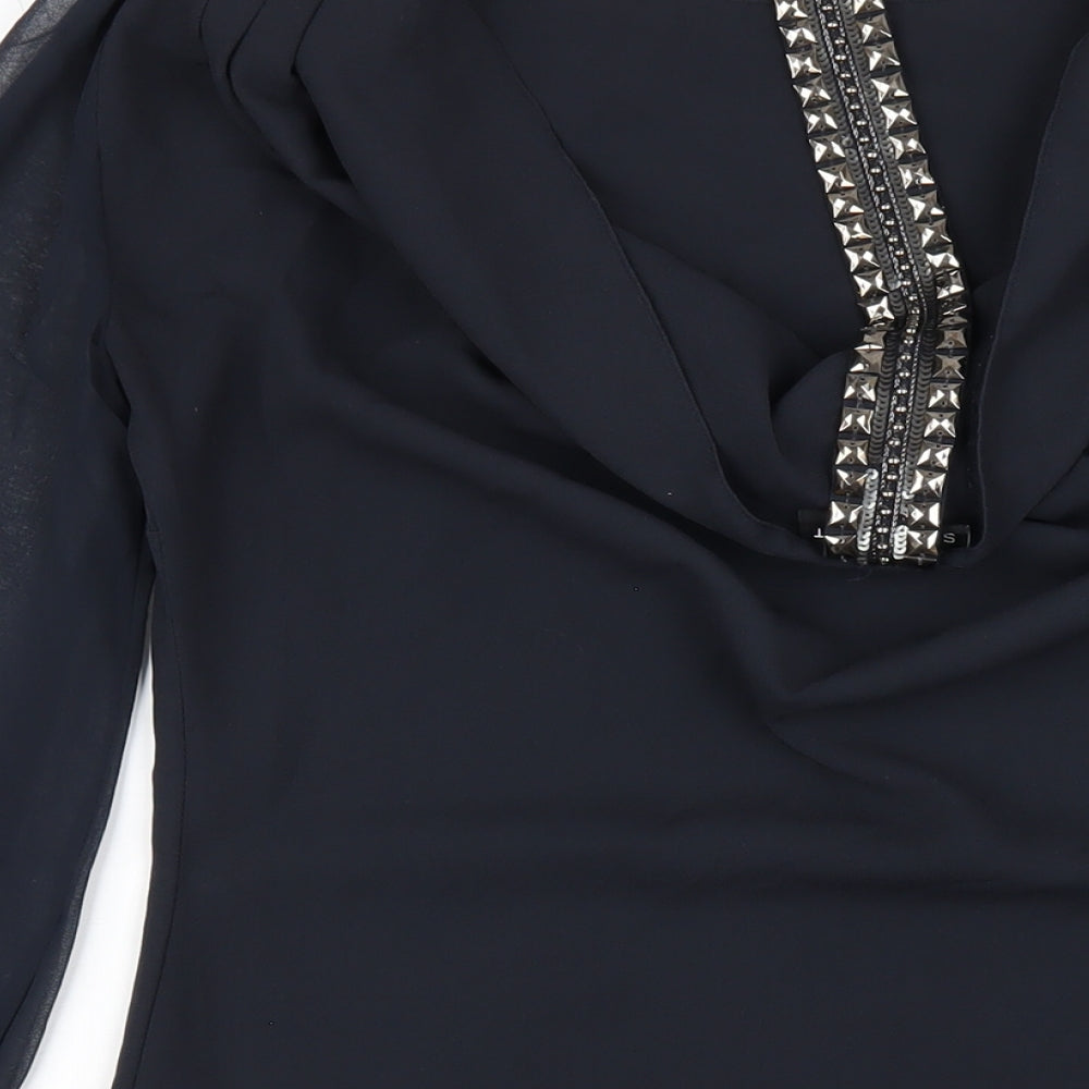 Warehouse Womens Black Polyester A-Line Size 10 Boat Neck Pullover - Beaded Trims