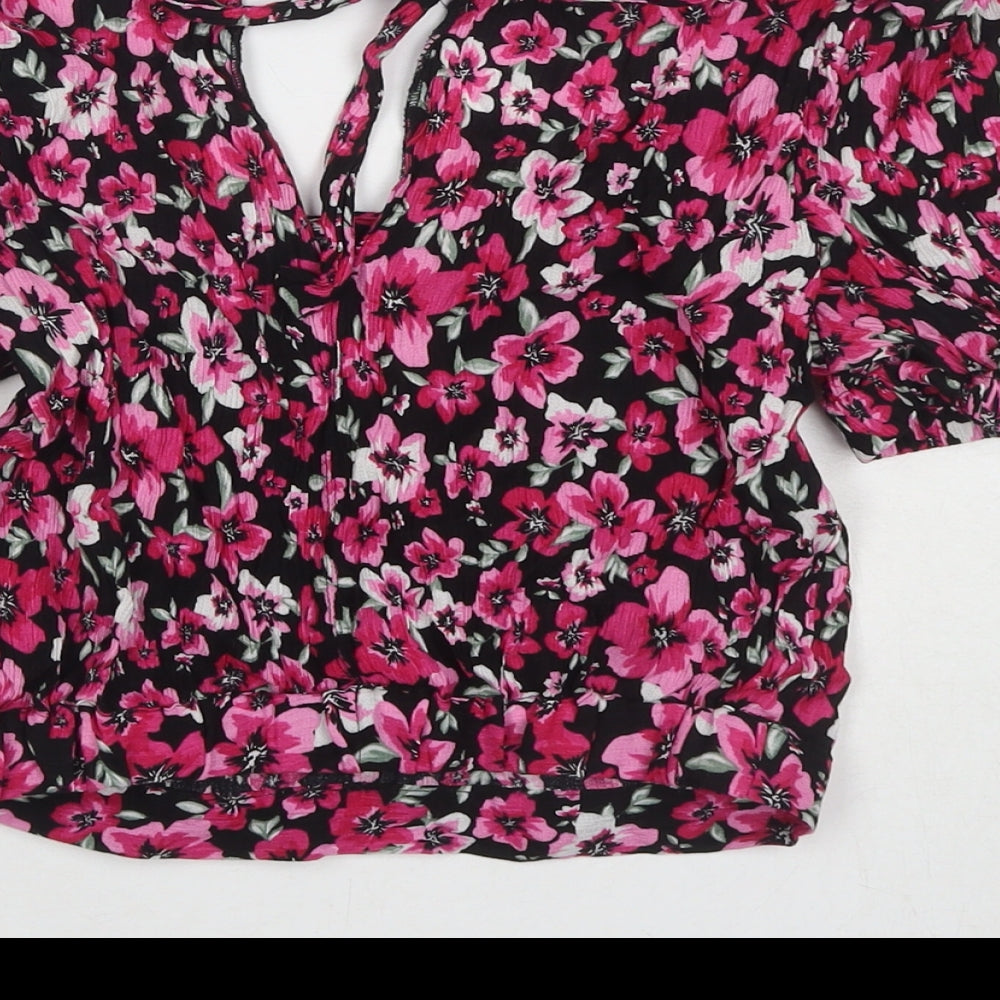 Divided by H&M Womens Pink Floral Viscose Cropped T-Shirt Size 8 V-Neck