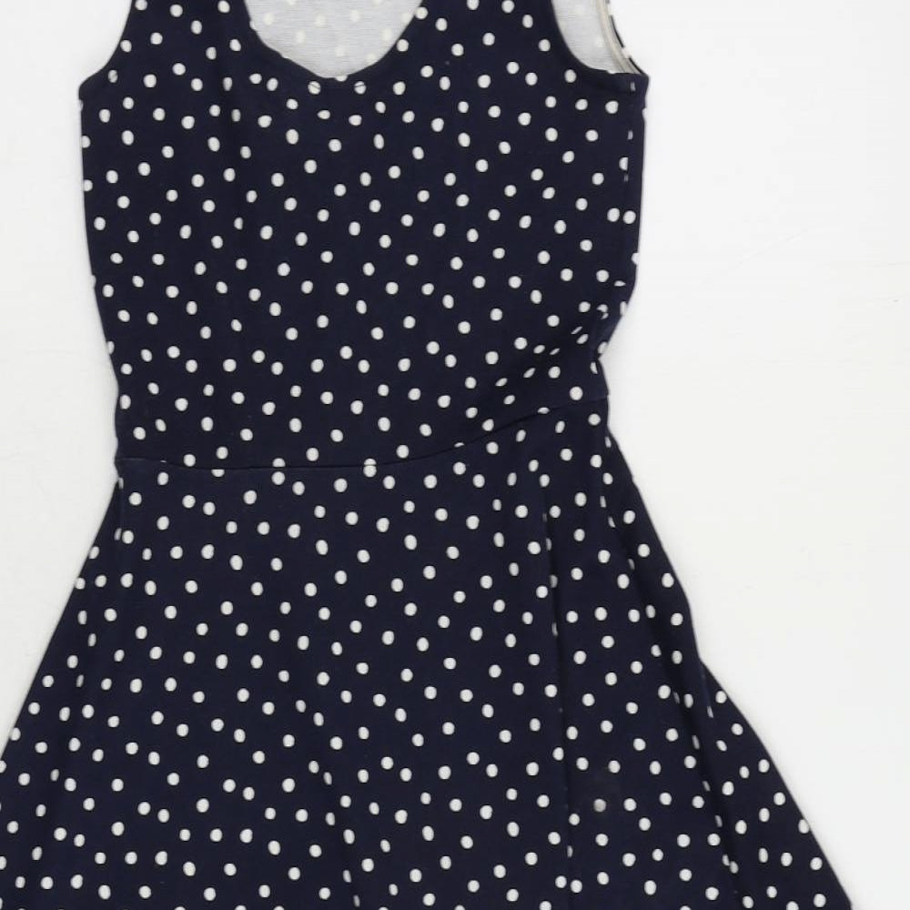 H&M Womens Blue Polka Dot Polyester Skater Dress Size 8 Scoop Neck Pullover
