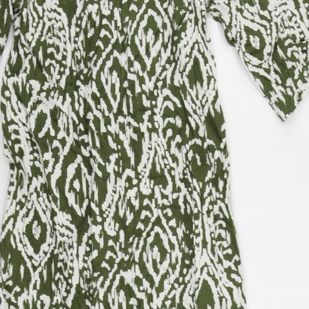 Marks & Spencer Womens Green Geometric Linen A-Line Size 8 V-Neck Pullover