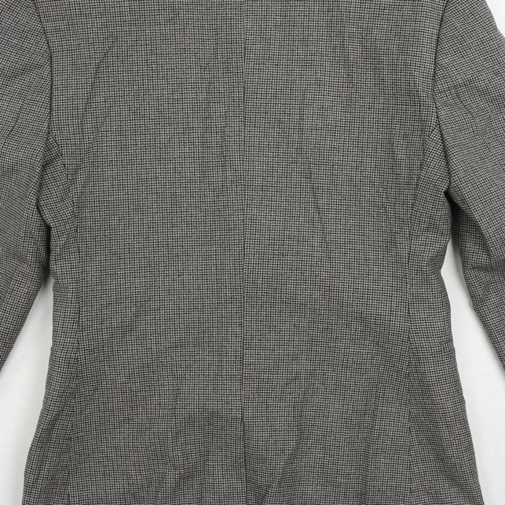 Brand and care label for ASOS men’s grey geometric polyester jacket suit jacket, size 36, regular