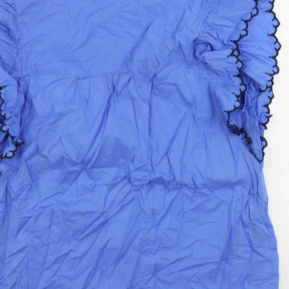 Marks & Spencer Womens Blue Cotton Basic Blouse Size 12 Round Neck - Ruffle