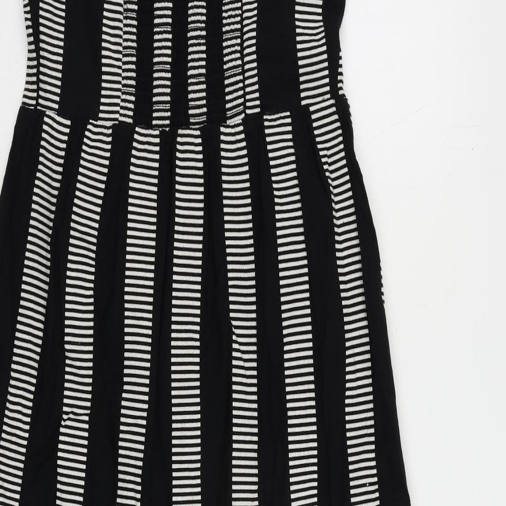 Marks & Spencer Womens Black Striped Cotton Maxi Size 8 Square Neck Pullover - Shirred Back