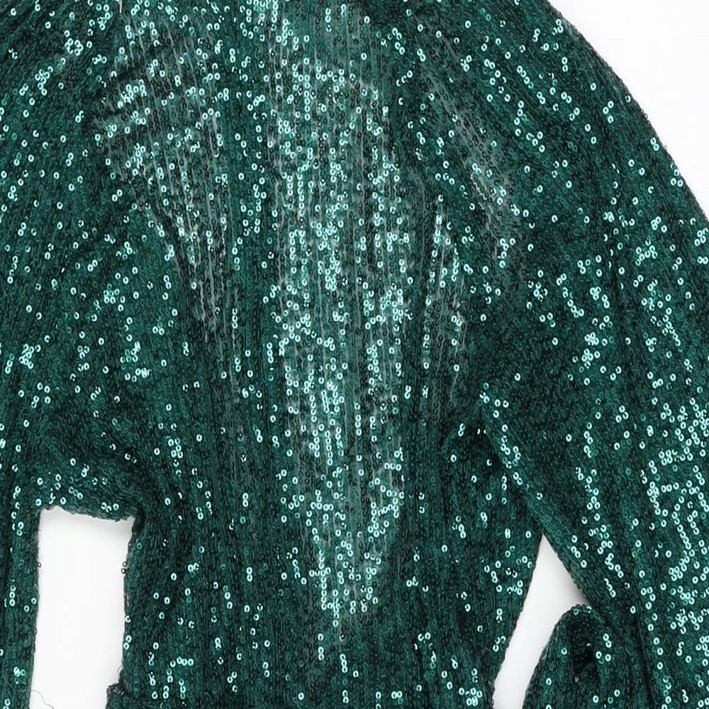 I SAW IT FIRST Womens Green Polyester Mini Size 8 V-Neck Zip - Sequins