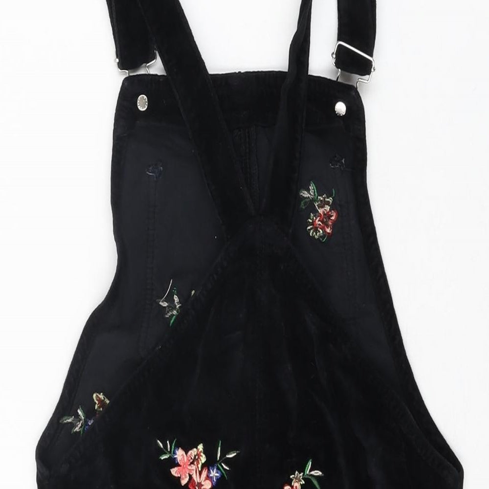 Topshop Womens Black Floral Cotton Pinafore/Dungaree Dress Size 4 Square Neck Button