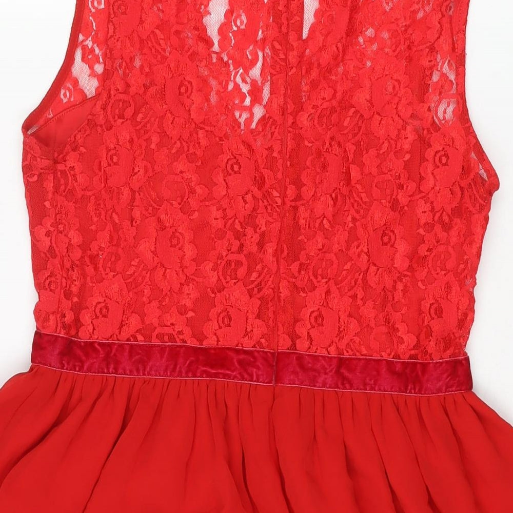 ASOS Womens Red Nylon Fit & Flare Size 10 Round Neck Zip - Lace Bodice Bow