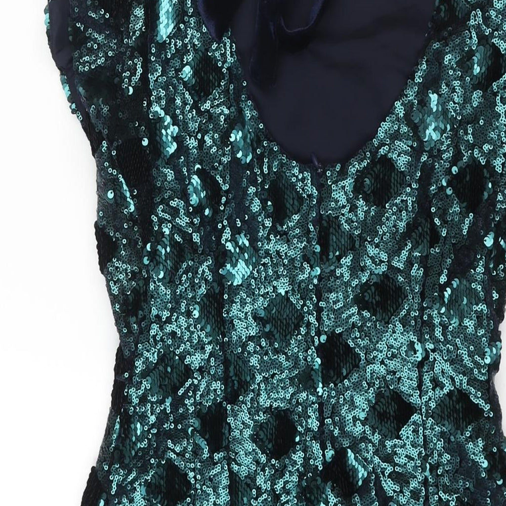 Zara Womens Green Polyester Mini Size XS Round Neck Zip - Sequin Bow