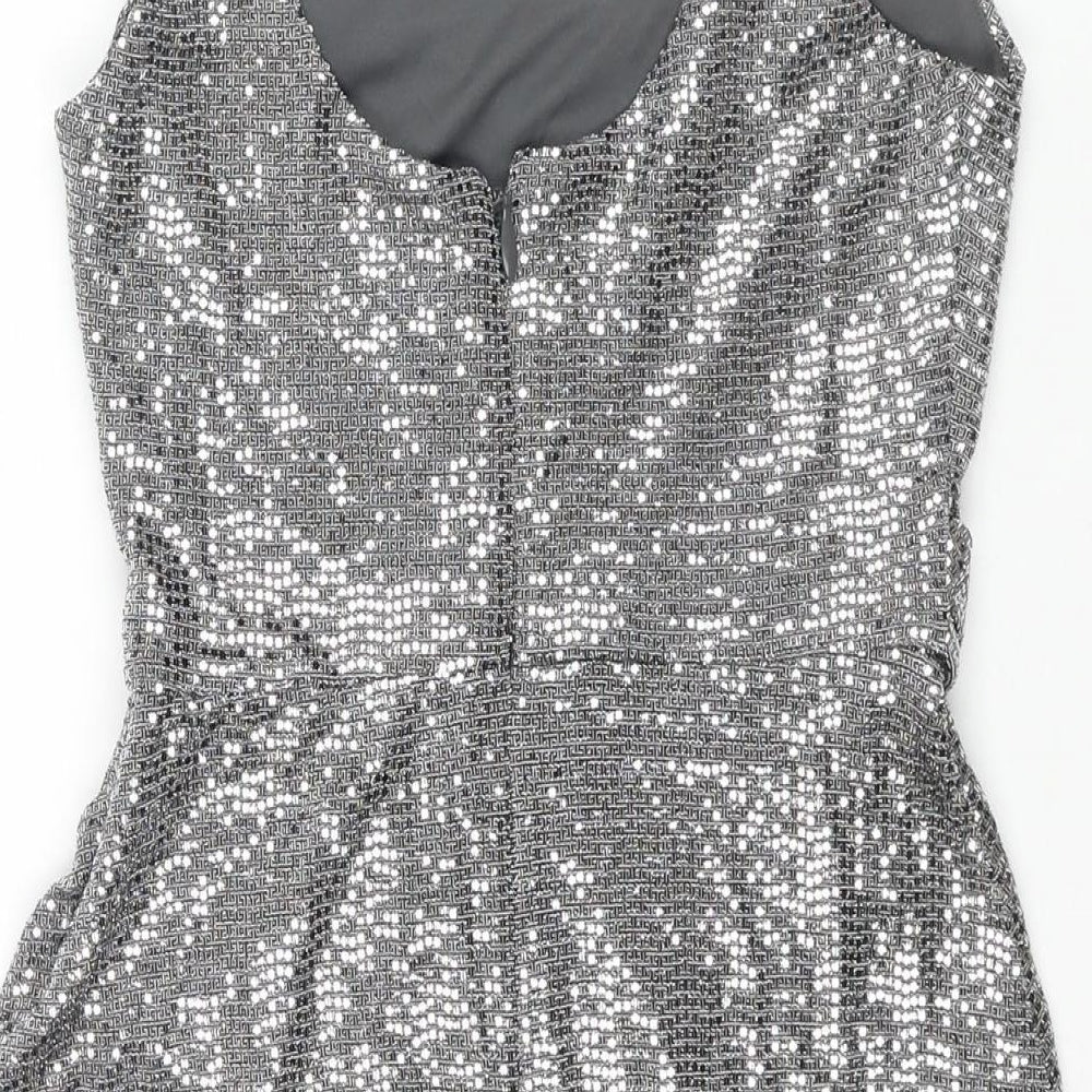 Topshop Womens Silver Nylon Mini Size 6 Scoop Neck Zip - Wrap Style Sequin
