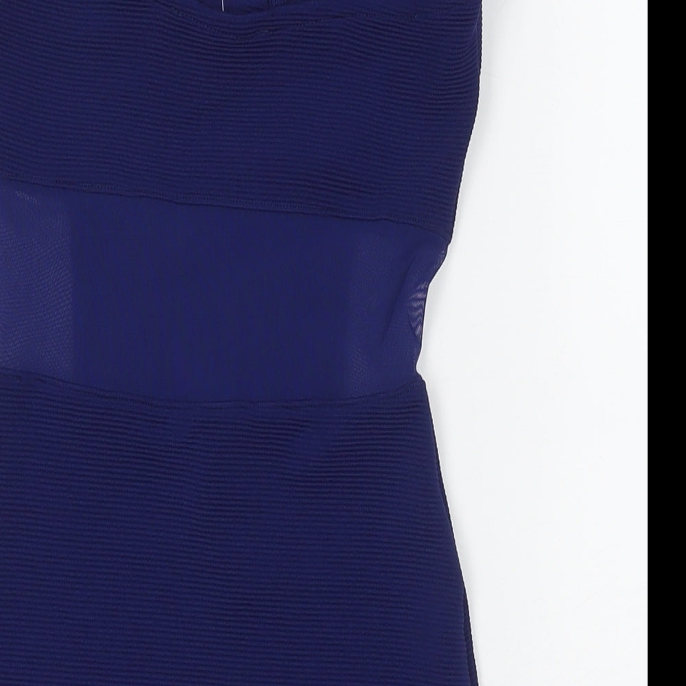 Brand and care label for Miss Selfridge women’s blue polyester bodycon, size UK 4, round neck pullover