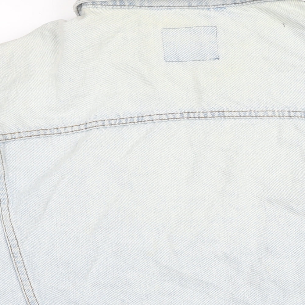 Brand and care label for Denim & Co. women’s blue biker jacket, size UK 14, button
