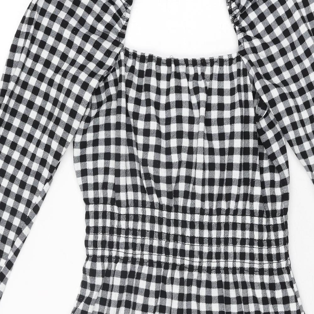 H&M Womens Black Gingham Polyester Mini Size XS Square Neck Pullover