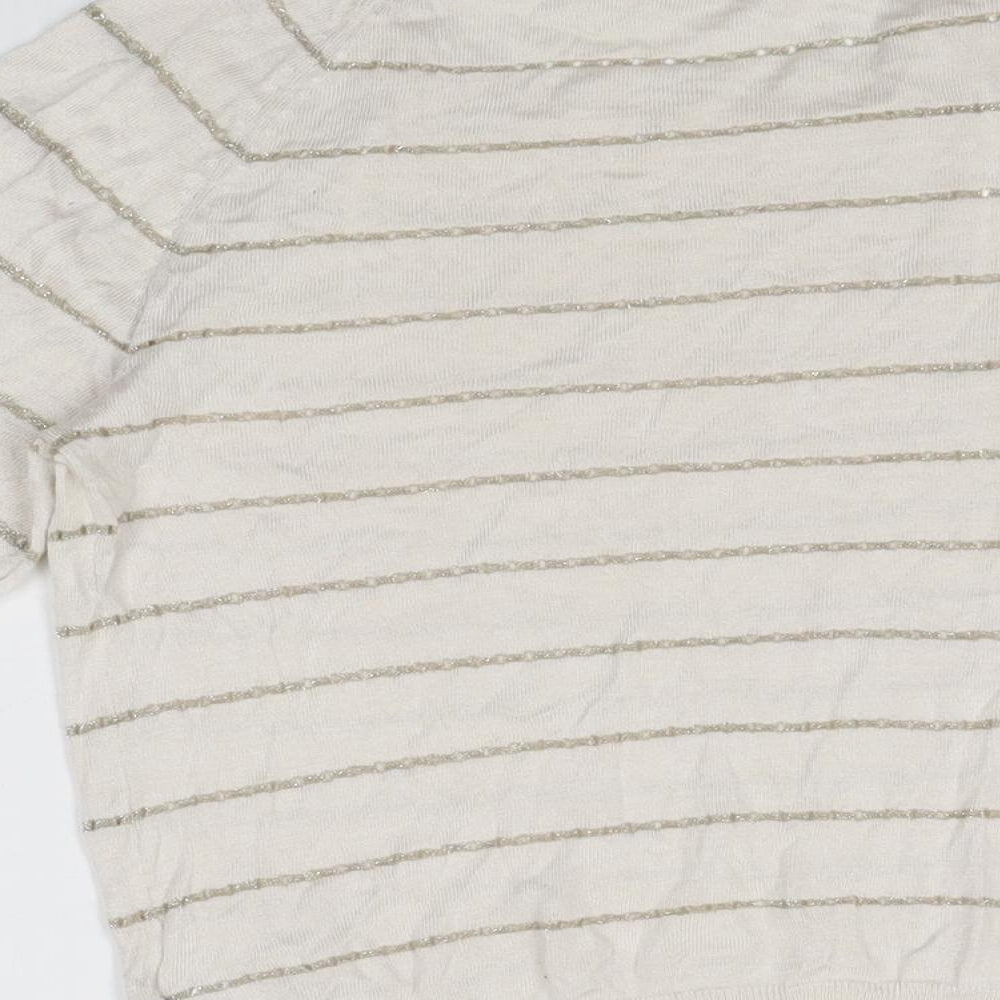 NEXT Womens Ivory Striped Modal Basic T-Shirt Size 10 Round Neck
