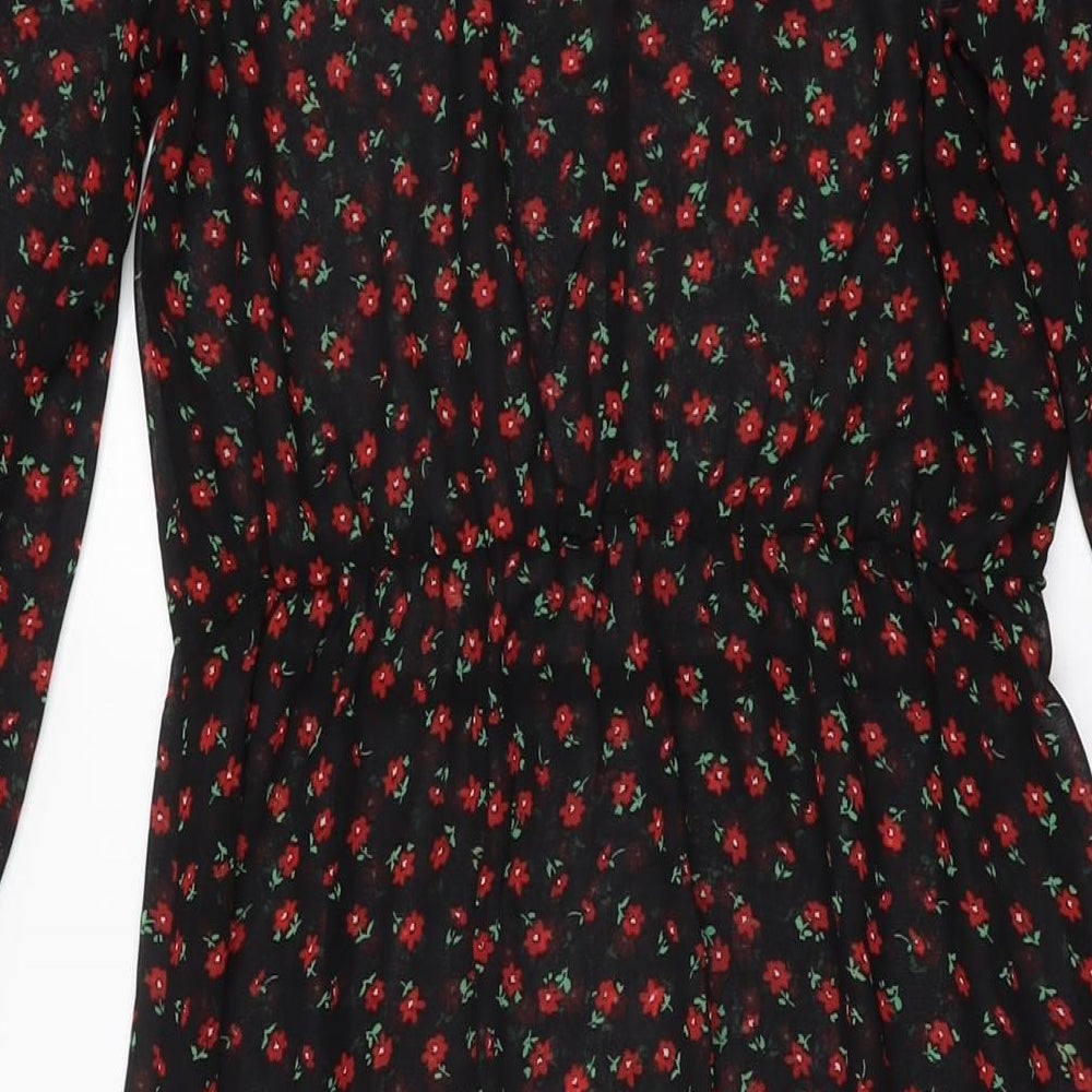 New Look Womens Black Floral Polyester A-Line Size 10 Round Neck Button