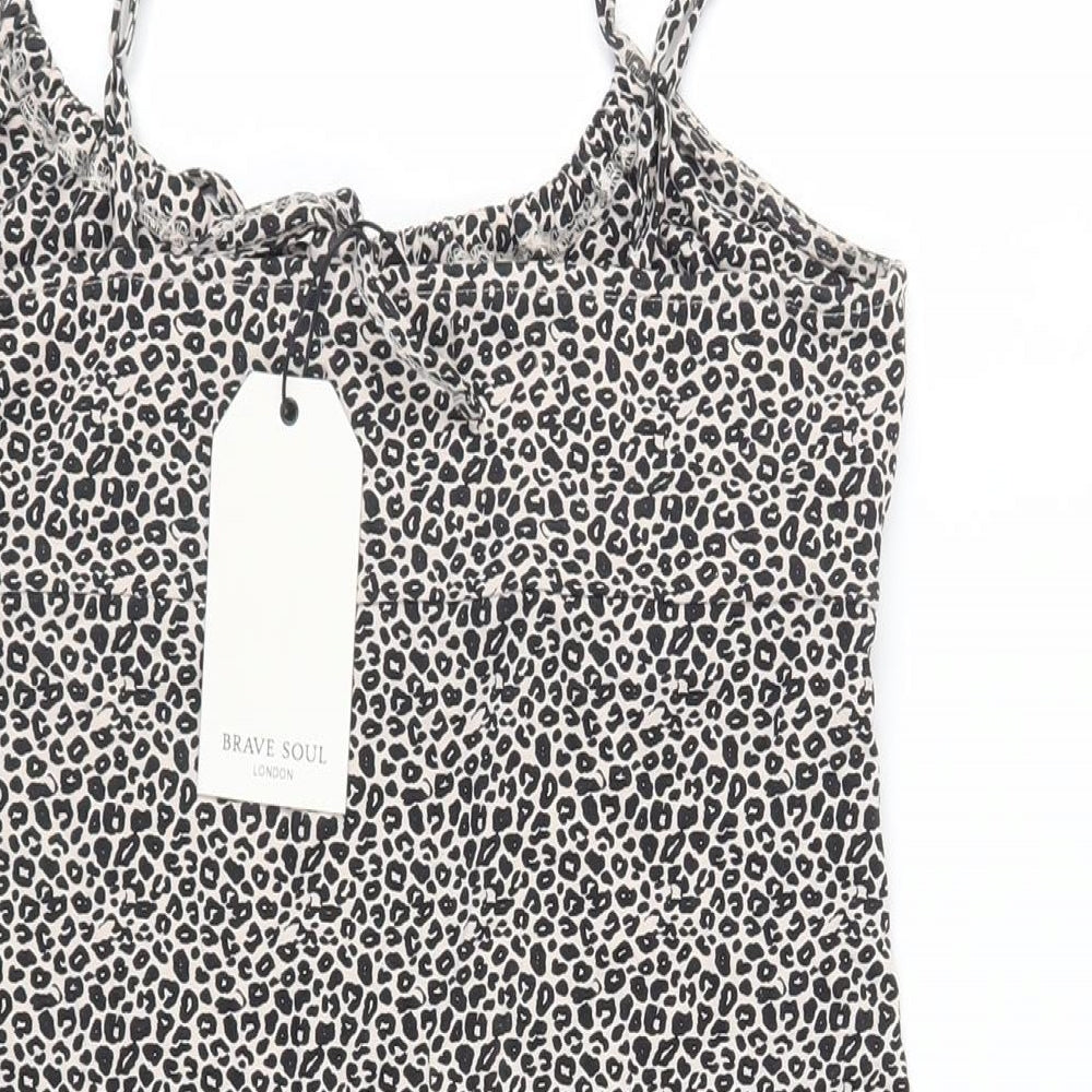 Brave Soul Womens Beige Animal Print Cotton Mini Size L Square Neck Pullover