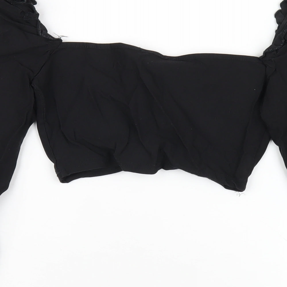 PRETTYLITTLETHING Womens Black Polyester Cropped T-Shirt Size 4 Square Neck