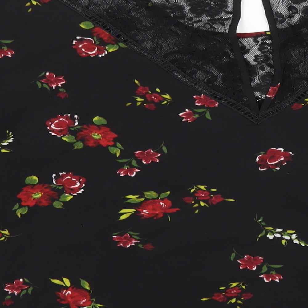 Warehouse Womens Black Floral Polyester Basic T-Shirt Size 16 Round Neck