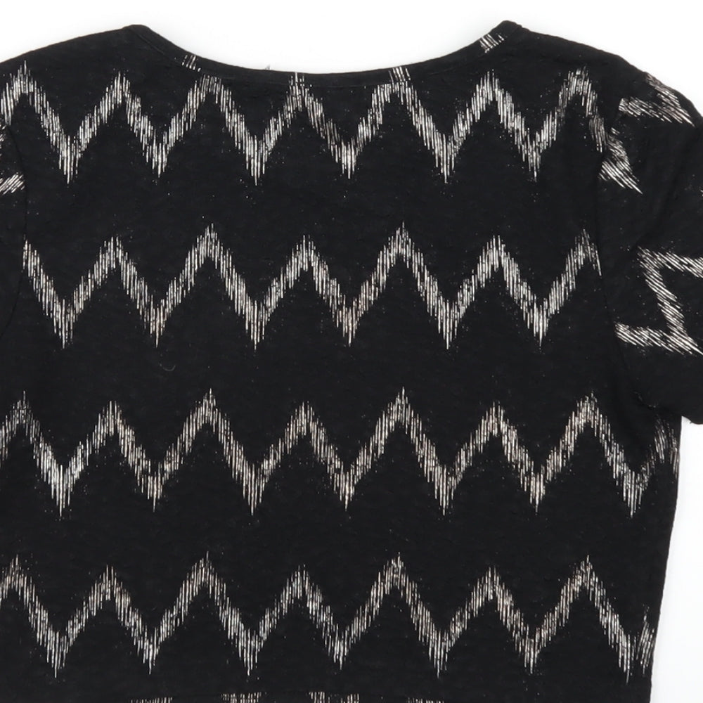 Topshop Womens Black Geometric Polyester Cropped T-Shirt Size 10 Round Neck
