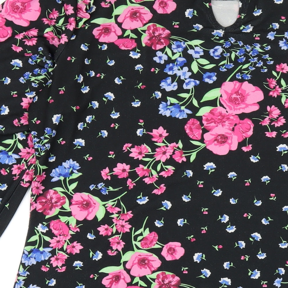 Oasis Womens Black Floral Polyester A-Line Size M Round Neck Button