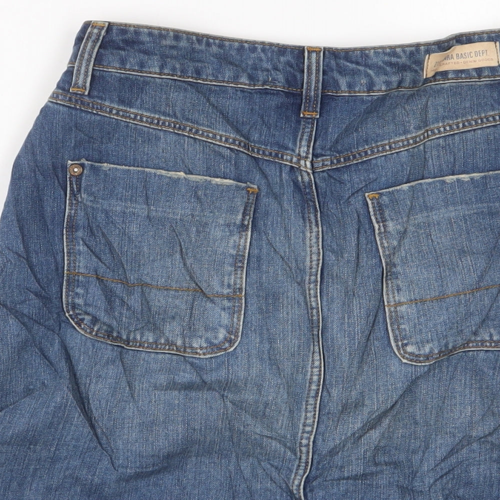 Zara Womens Blue Cotton A-Line Skirt Size S Button