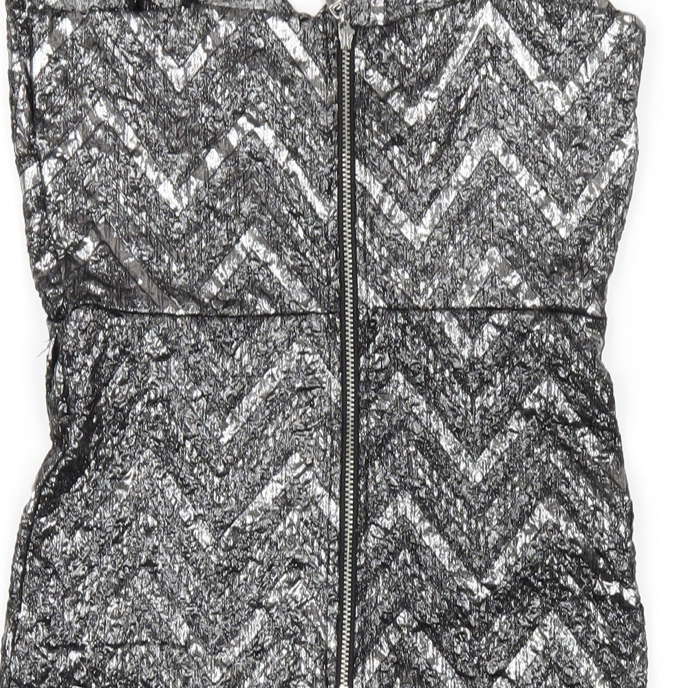 Apricot Womens Silver Chevron Polyester Bodycon Size 8 V-Neck Zip