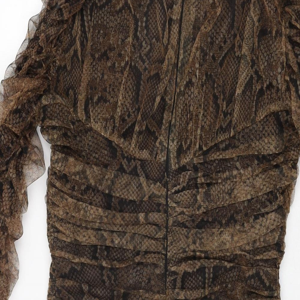 Zara Womens Brown Animal Print Polyester Bodycon Size S V-Neck Zip