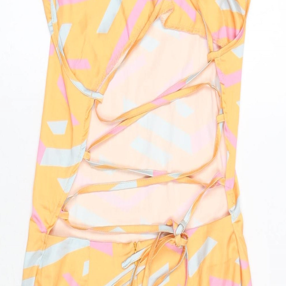 NaaNaa Womens Orange Geometric Polyester Mini Size 8 Cowl Neck Zip