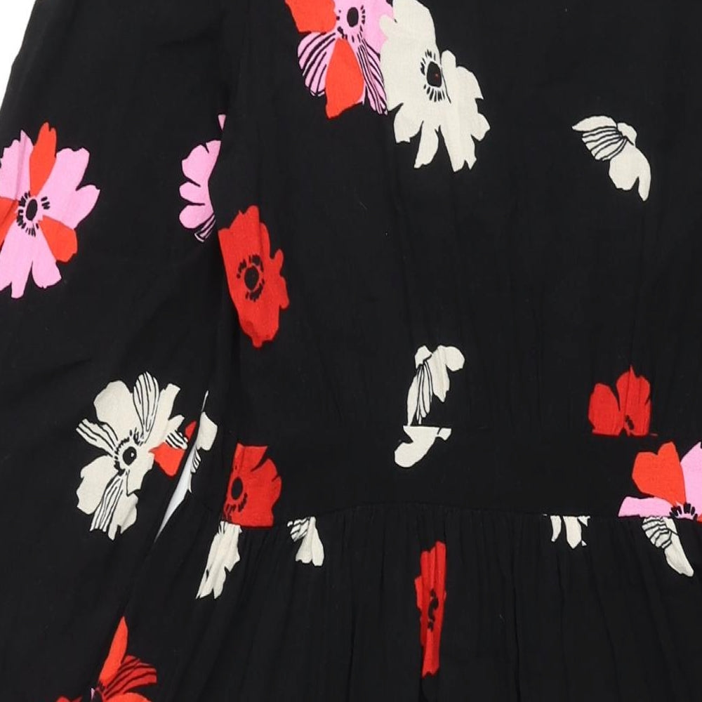 Marks & Spencer Womens Black Floral Viscose Shift Size 12 V-Neck Zip