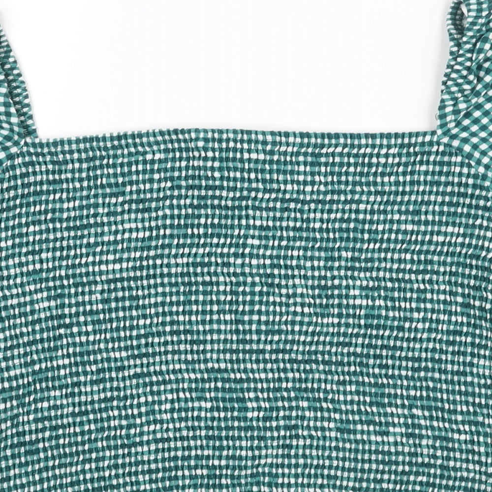 NEXT Womens Green Check Viscose Basic Blouse Size 16 Square Neck - Rouched