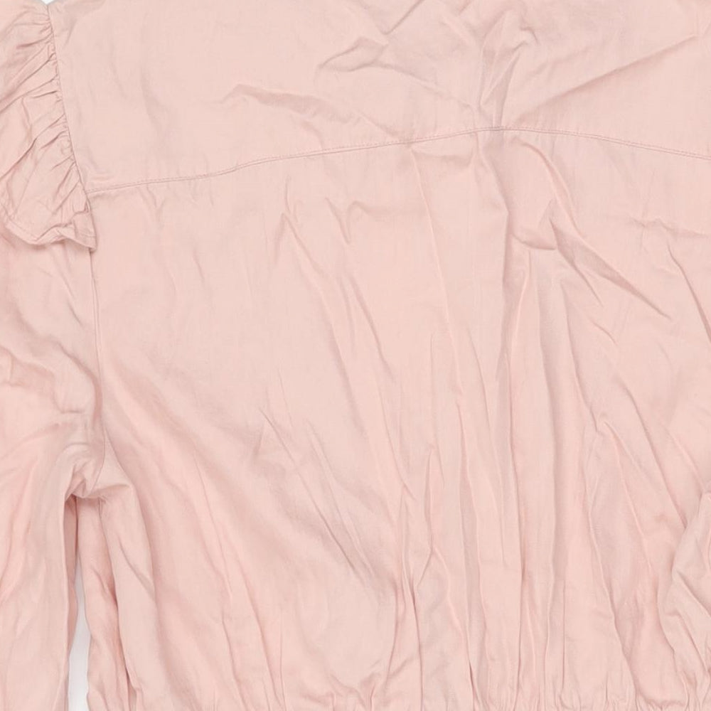 Brand and care label for Miss Selfridge women’s pink lyocell shift, size UK 14, round neck button
